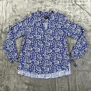 Pendleton Tala Long Sleeve Pop Over Blouse Womens Size L Blue + White Floral NWT